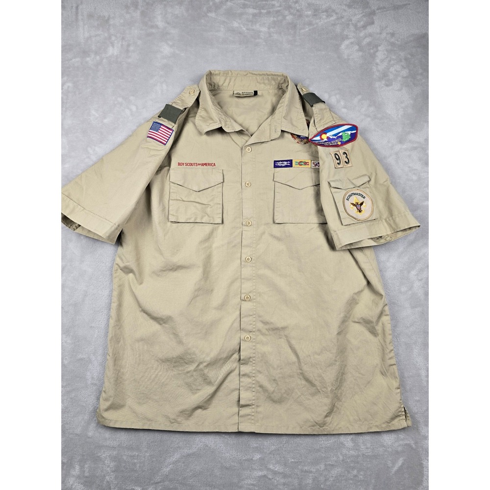 Boy Scouts of America Shirt Mens XL Tan Scoutmaster Patches Poly Cotton Gorpcore